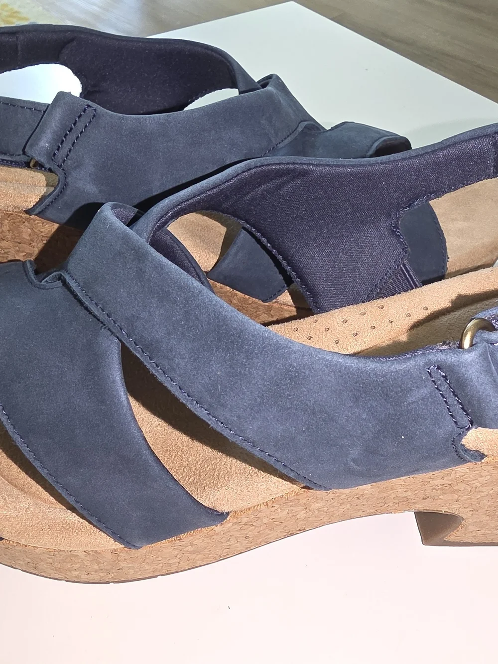 Clarks Navy Suede Wedge Sandals